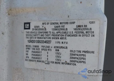 2002 Chevrolet Trailblazer Ltz z USA, uszkodzony, nr VIN 1GNDS13S622346227